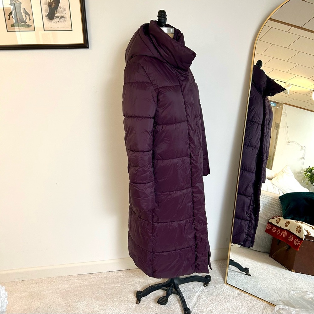 Banana Republic Dark Purple Long Hooded Oversized Puffer Jacket Sz Small Tall - Picture 2 of 10